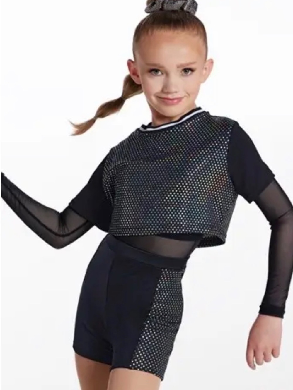 Black Dance Crop Top & High-Waist Shorts Set with Silver Dots